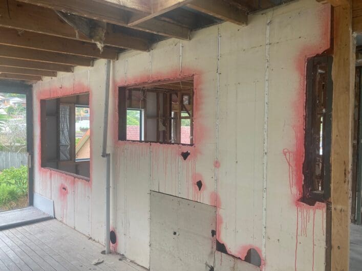 Window openings with the surrounding cut edges sealed in pink PVA after asbestos lining removal